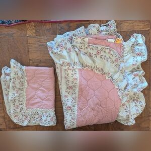 Vintage Shabby Chic Pink Floral Ruffled Bedspread Set - Twin Size